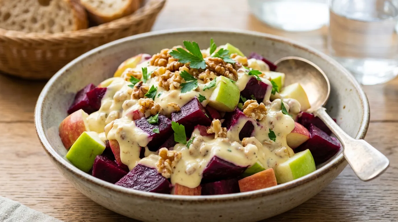 Alma-céklasaláta diós majonézes öntettel recept elkészítése - ReceptPalota