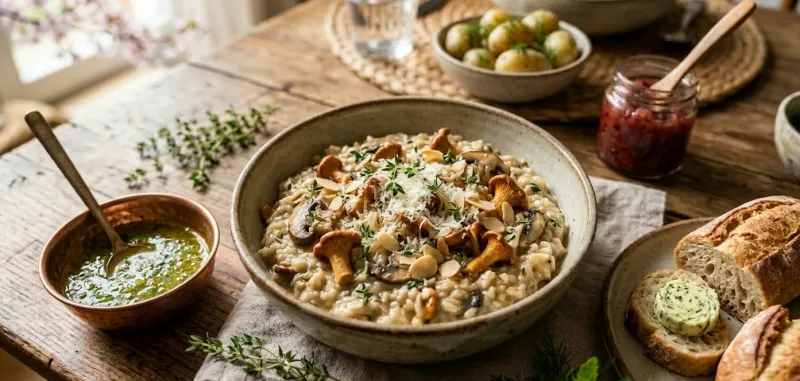 Gombás-kakukkfüves rizottó