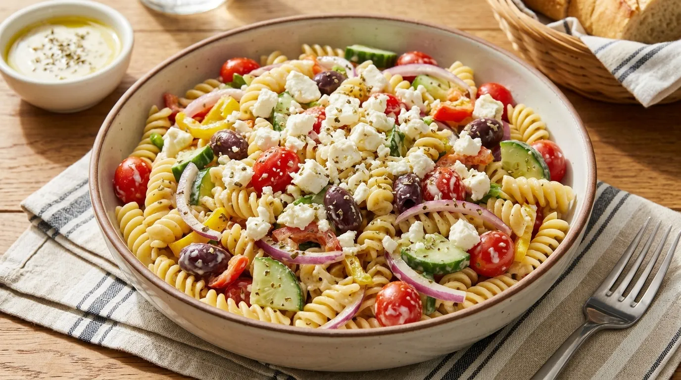 Görög tésztasaláta tejszínes-fokhagymás öntettel és fetával recept elkészítése - ReceptPalota