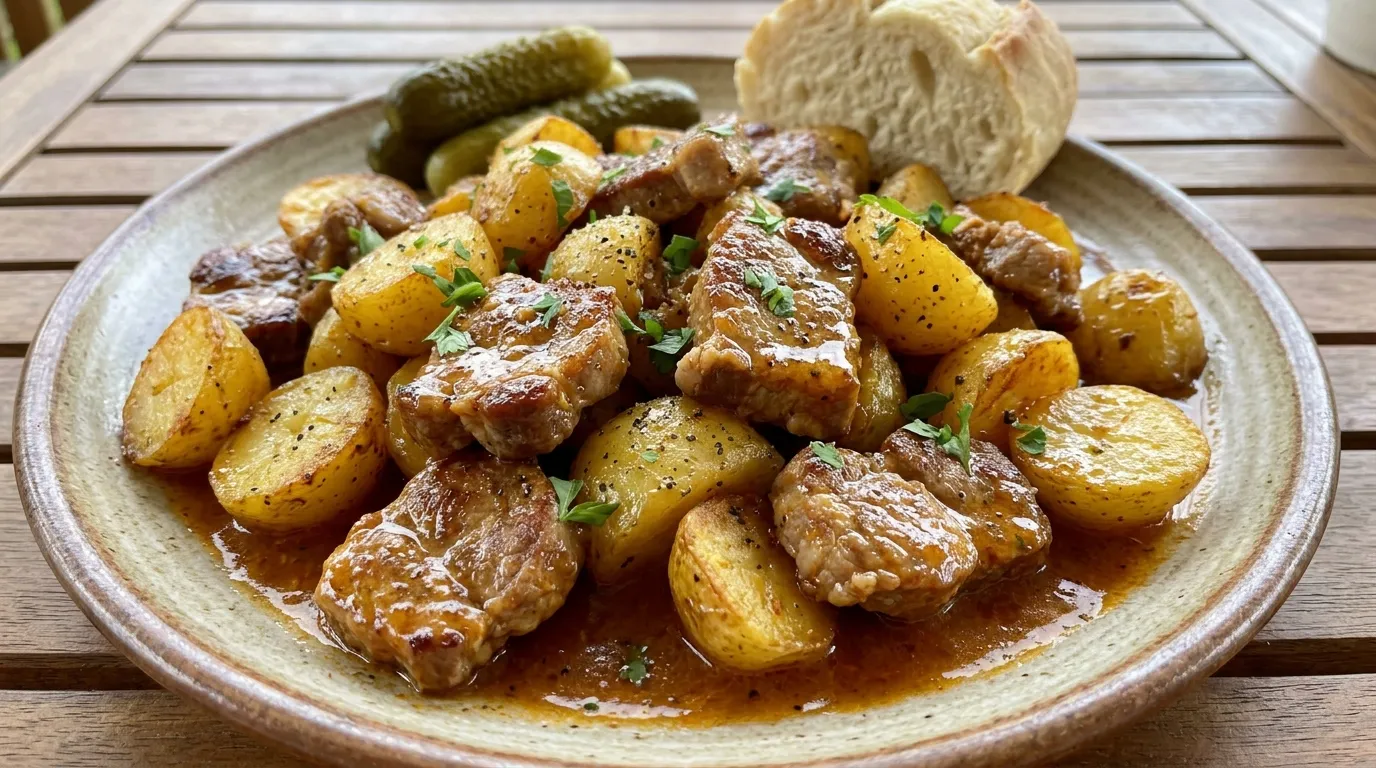 Hagyományos brassói aprópecsenye szaftos sertéstarjából és sült krumplival recept elkészítése - ReceptPalota