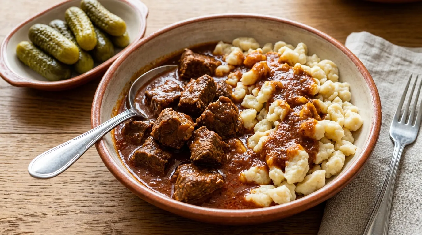 Hagyományos marhapörkölt szaftosan, galuskával és csemegeuborkával recept elkészítése - ReceptPalota