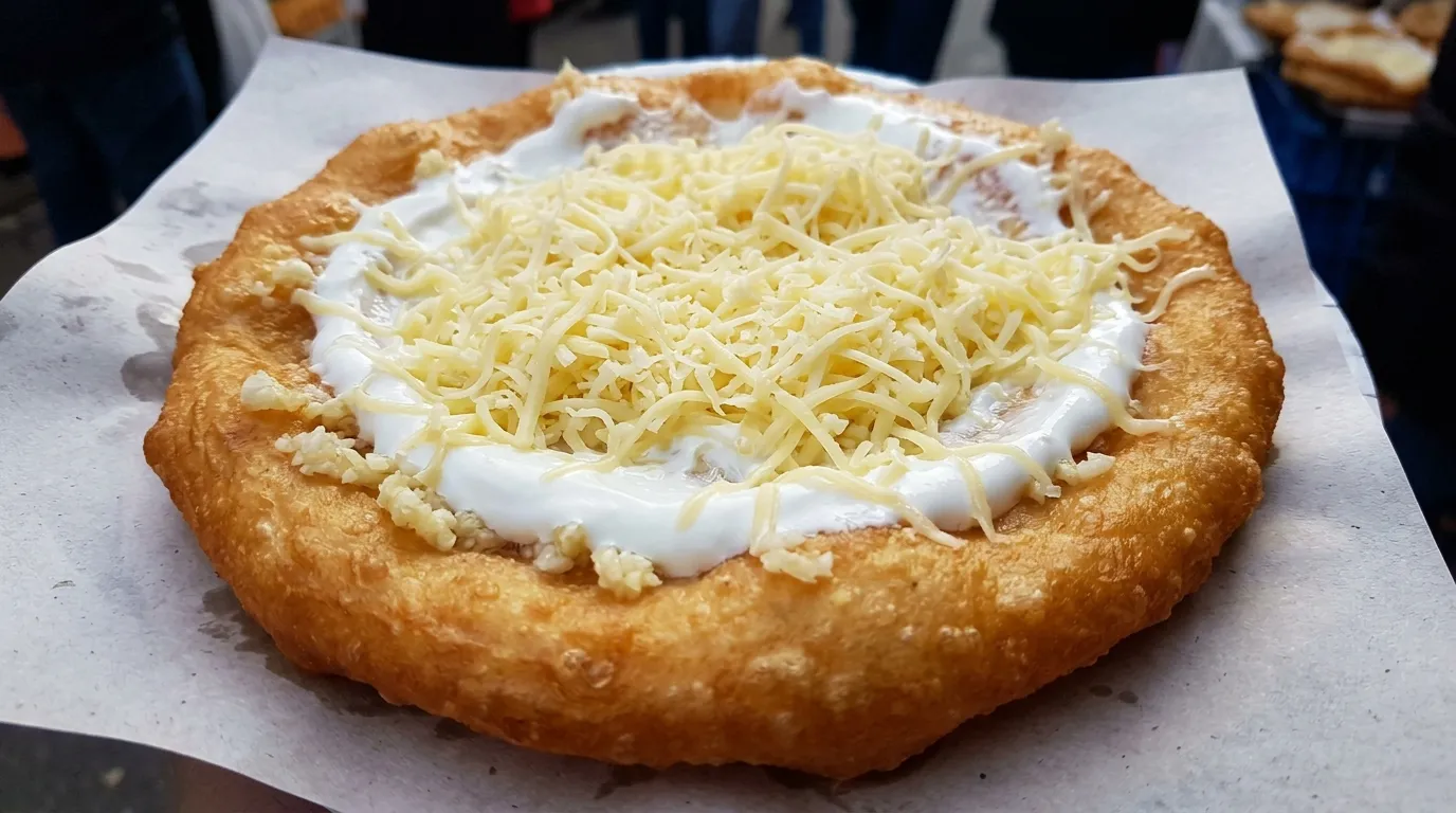 Hagyományos piaci lángos fokhagymával, tejföllel és reszelt sajttal