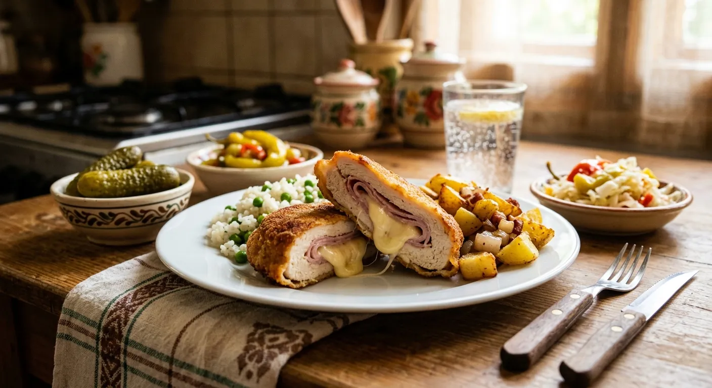 Kemencés Cordon Bleu sajttal és sonkával töltött hús tepsiben sütve