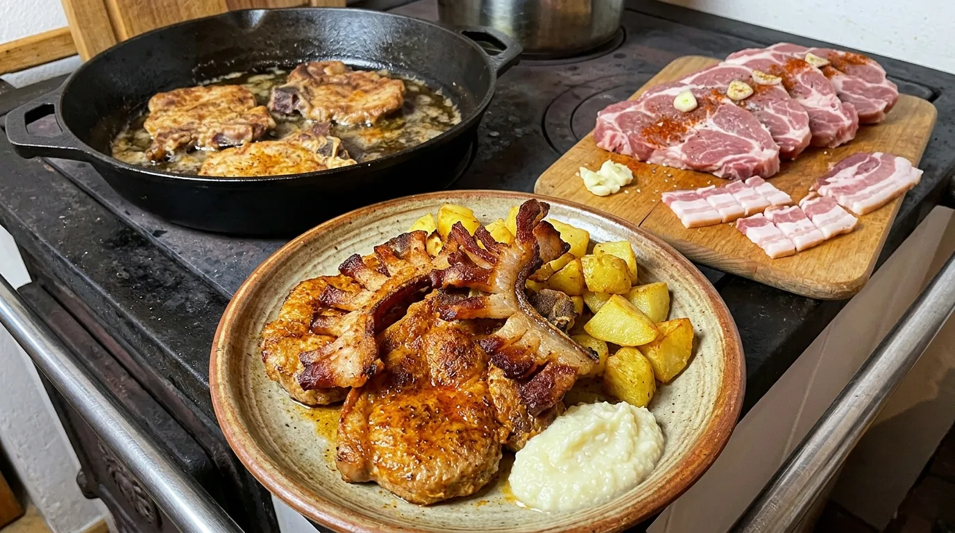 Klasszikus cigánypecsenye szaftos tarjából fokhagymásan, kakastaréj szalonnával recept elkészítése - ReceptPalota