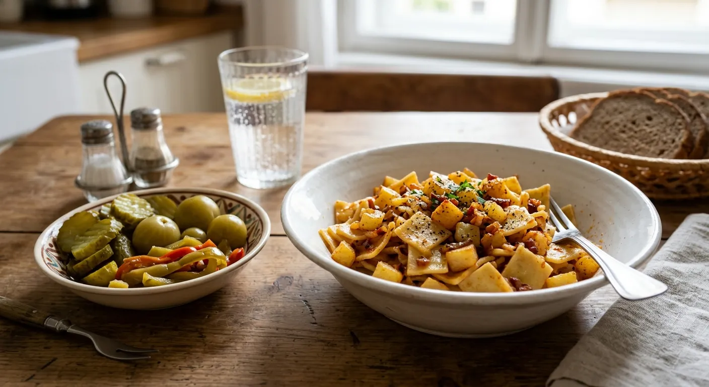 Klasszikus krumplis tészta házi savanyúsággal recept elkészítése - ReceptPalota