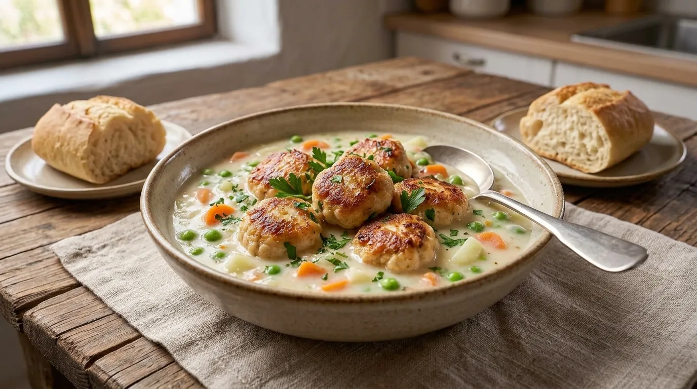 Krémes finomfőzelék csirkemellből készült húsgolyóval recept elkészítése - ReceptPalota