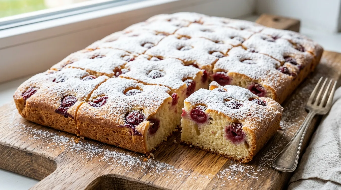 Puha kevert meggyes piskóta porcukorral szórva recept elkészítése - ReceptPalota