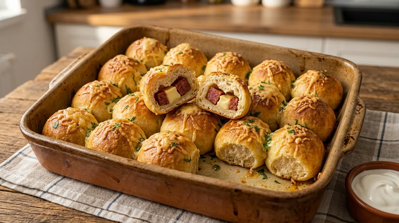 Sajttal tálalt töltött lángos golyók tepsiben sütve recept elkészítése - ReceptPalota