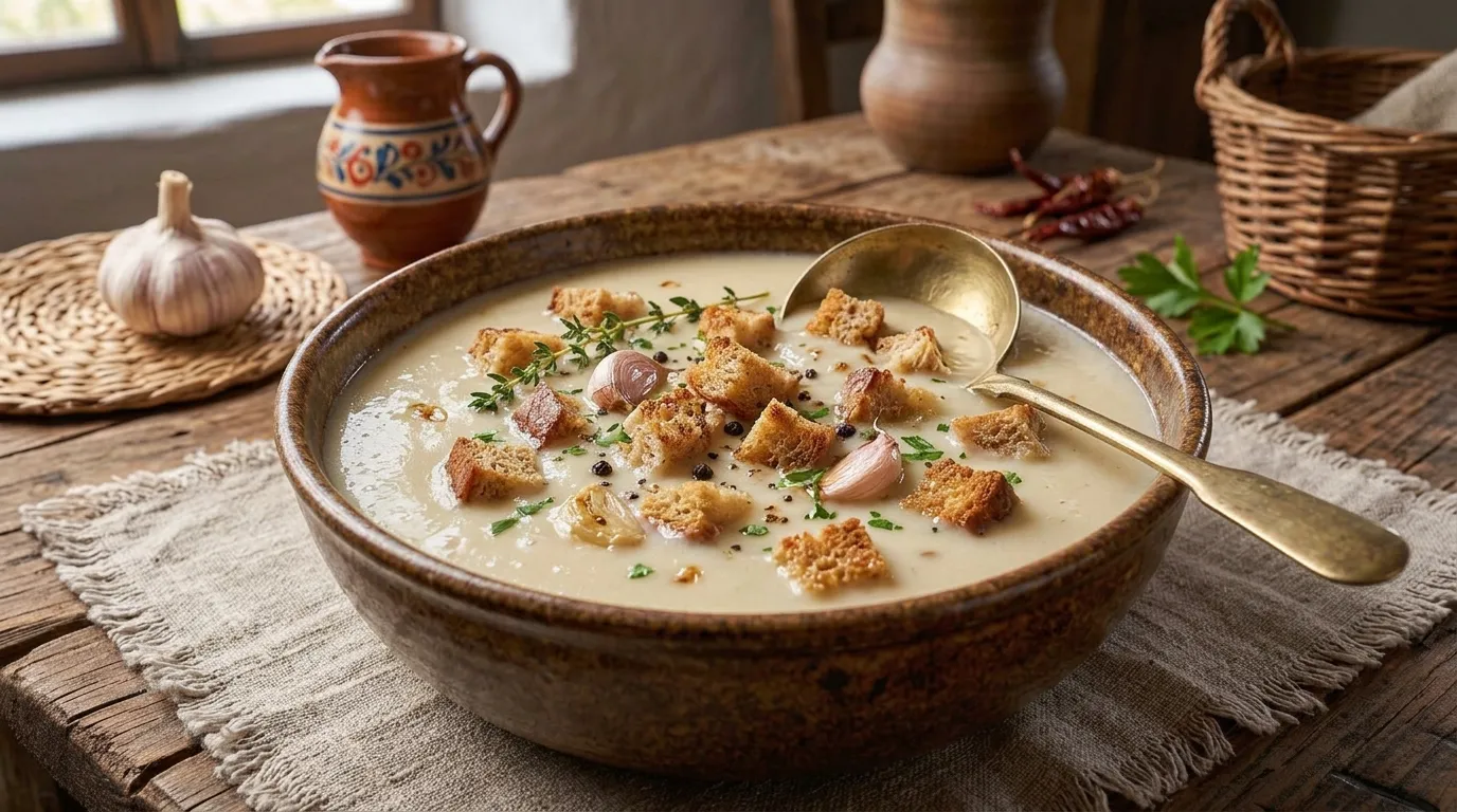 Selymes fokhagymakrémleves ropogós sajtos kenyérkockákkal recept elkészítése - ReceptPalota