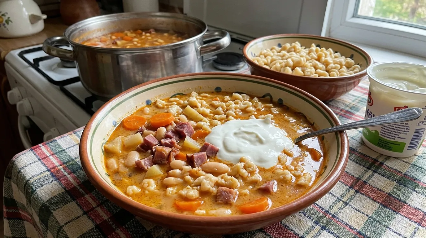 Tejfölös bableves füstölt csülökkel és házi csipetkével recept elkészítése - ReceptPalota